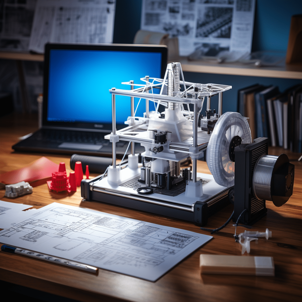 flashcomet_3d_printer_on_a_study_desk_with_a_blueprint_e3ee2cb7-c007-49dd-a0ed-ca1548d847ab